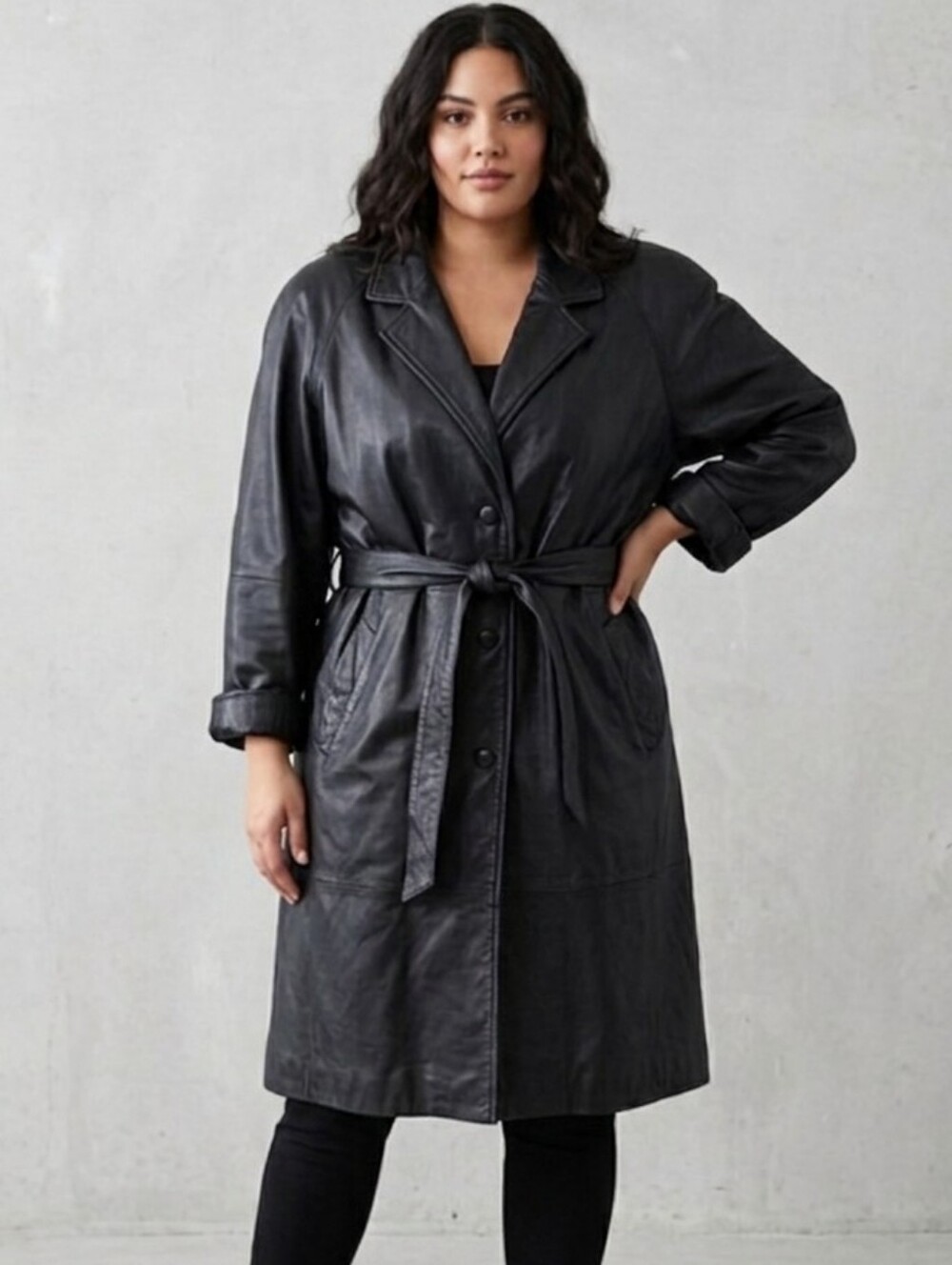Wilsons Leather Black Trench Coat Vintage Women XL Belted Lined VG Condition
